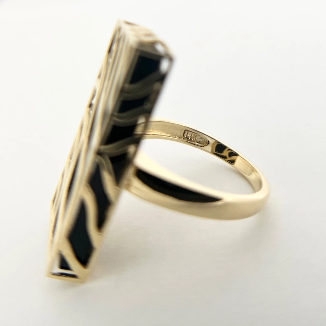 Black Onyx Zebra-Striped Long Rectangle Ring 14K Yellow Gold, 9.12 Grams - 8