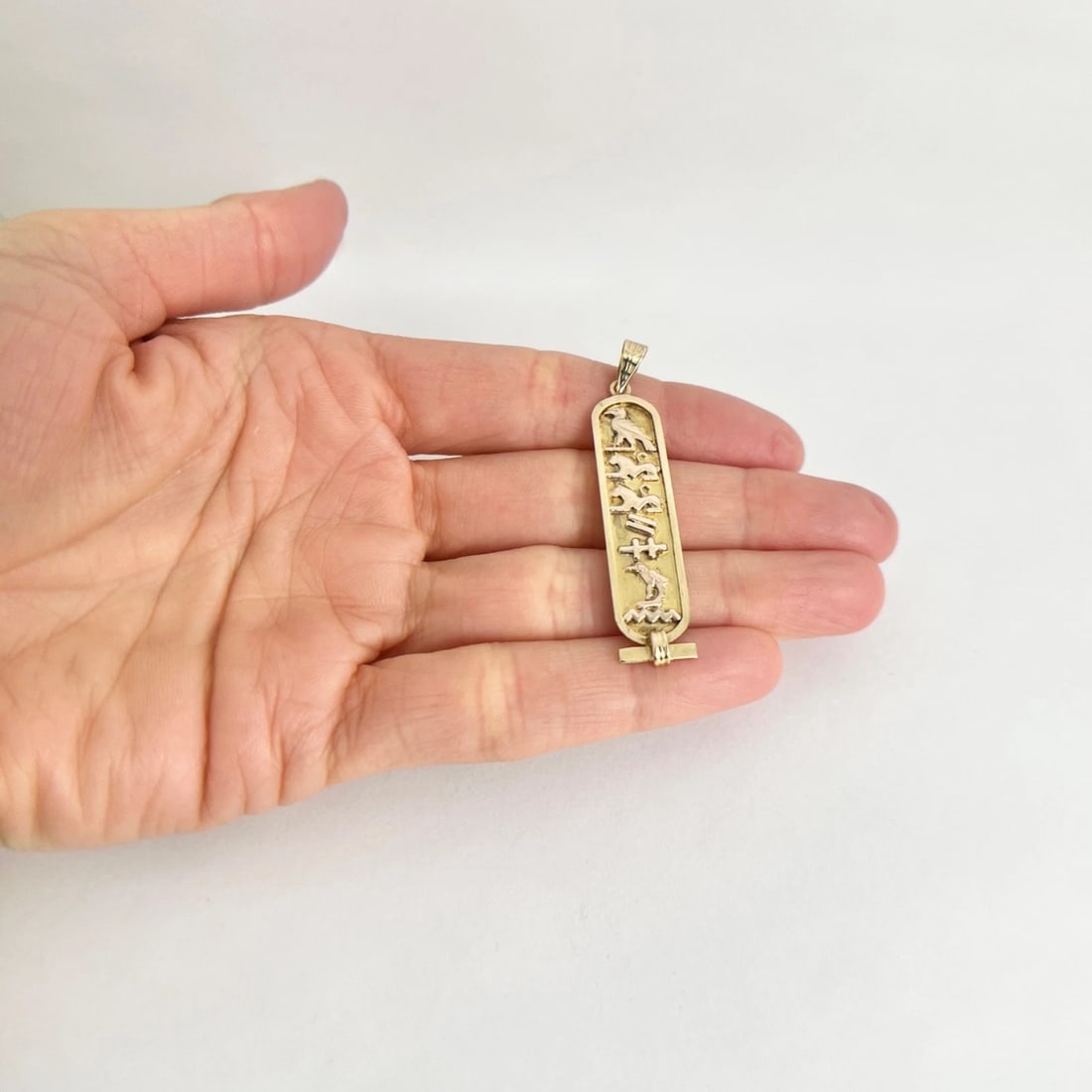 Long Cartouche Hieroglyphic Necklace Pendant Charm 18K Yellow Gold, 3.14 Grams - 2