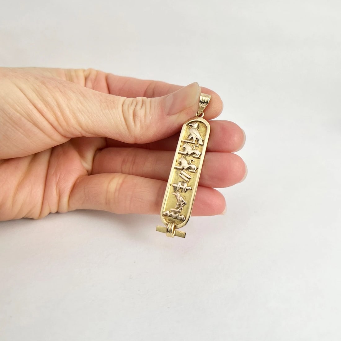 Long Cartouche Hieroglyphic Necklace Pendant Charm 18K Yellow Gold, 3.14 Grams - 4