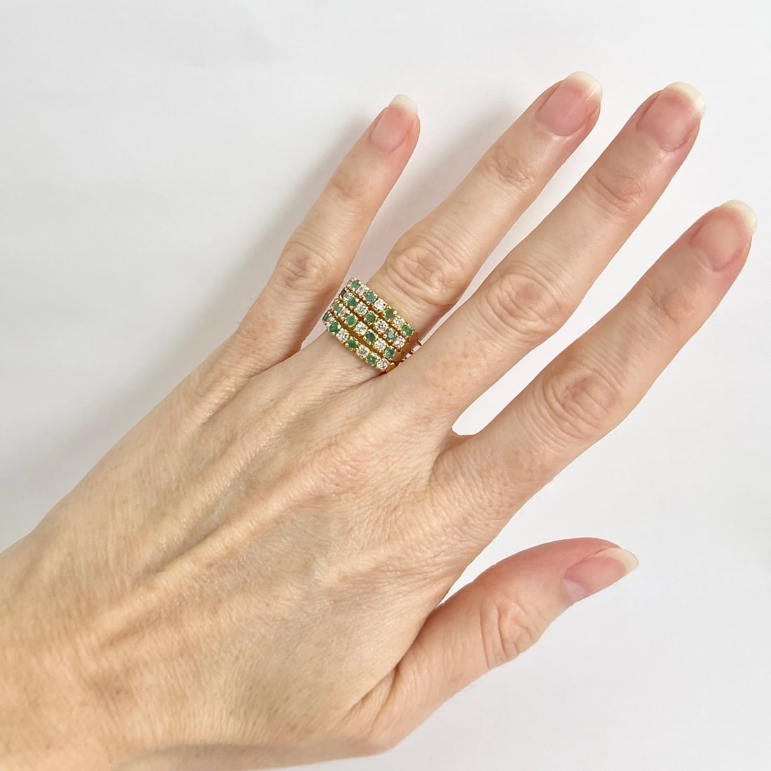 Estate Green Emerald Gemstone CZ Stacked Ring Set 14K Yellow Gold, 3.58 Grams - 3