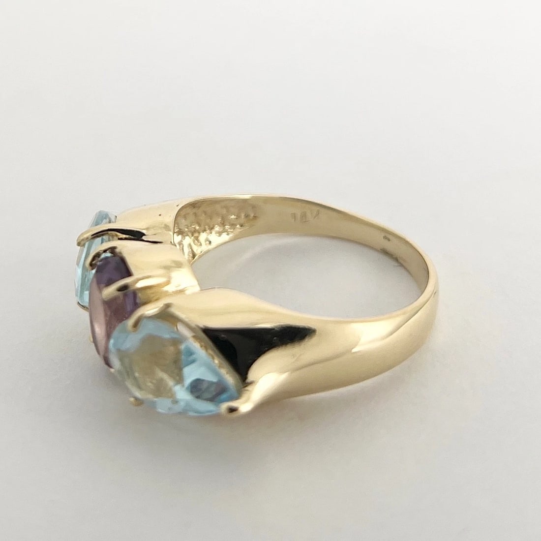 3-Stone Purple Amethyst Blue Topaz Statement Ring 14K Yellow Gold, 5.64 Grams - 7