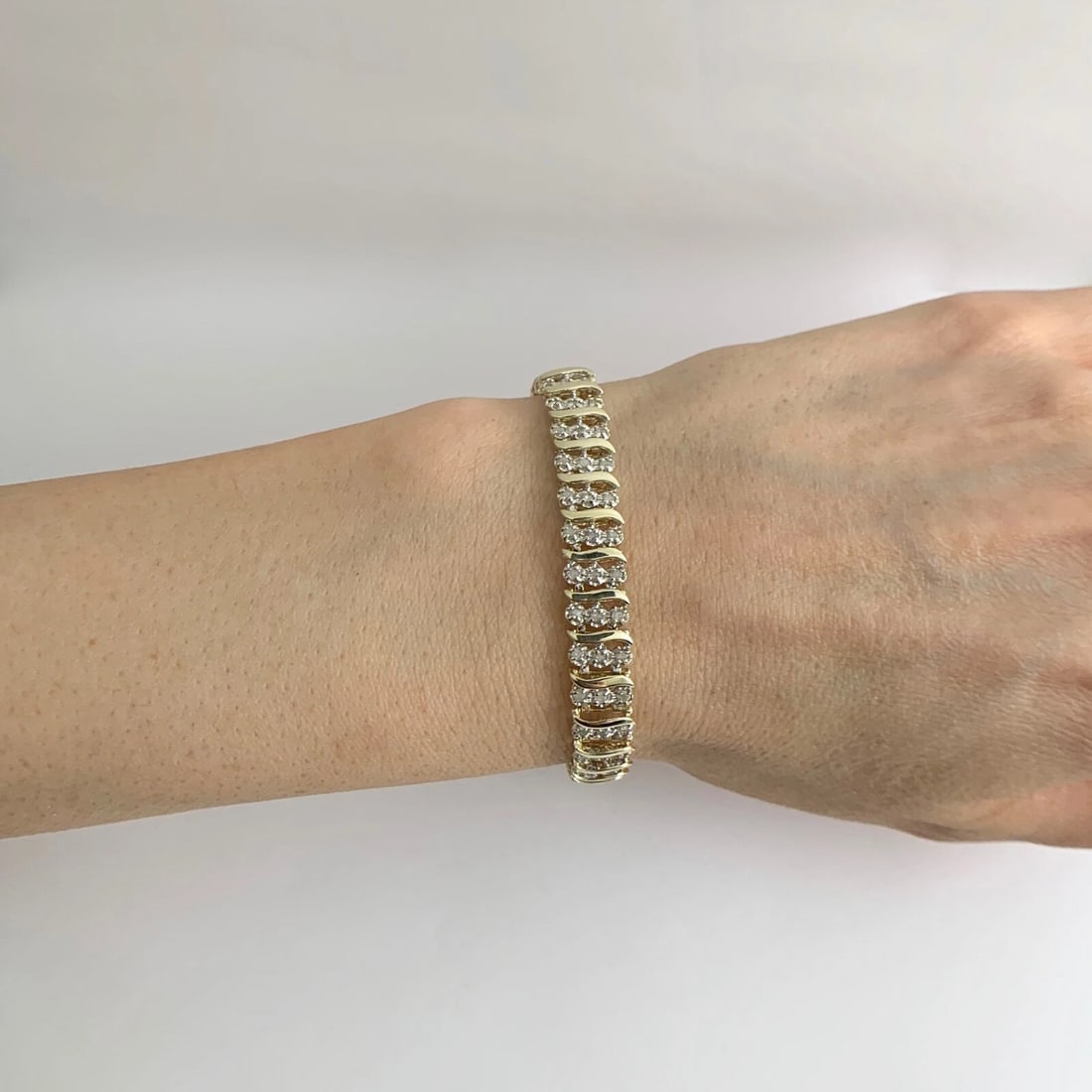 Diamond 3-Row S-Link Two-Tone Tennis Bracelet 10K Yellow Gold 2.00 CTW, 10.84 Gr - 3