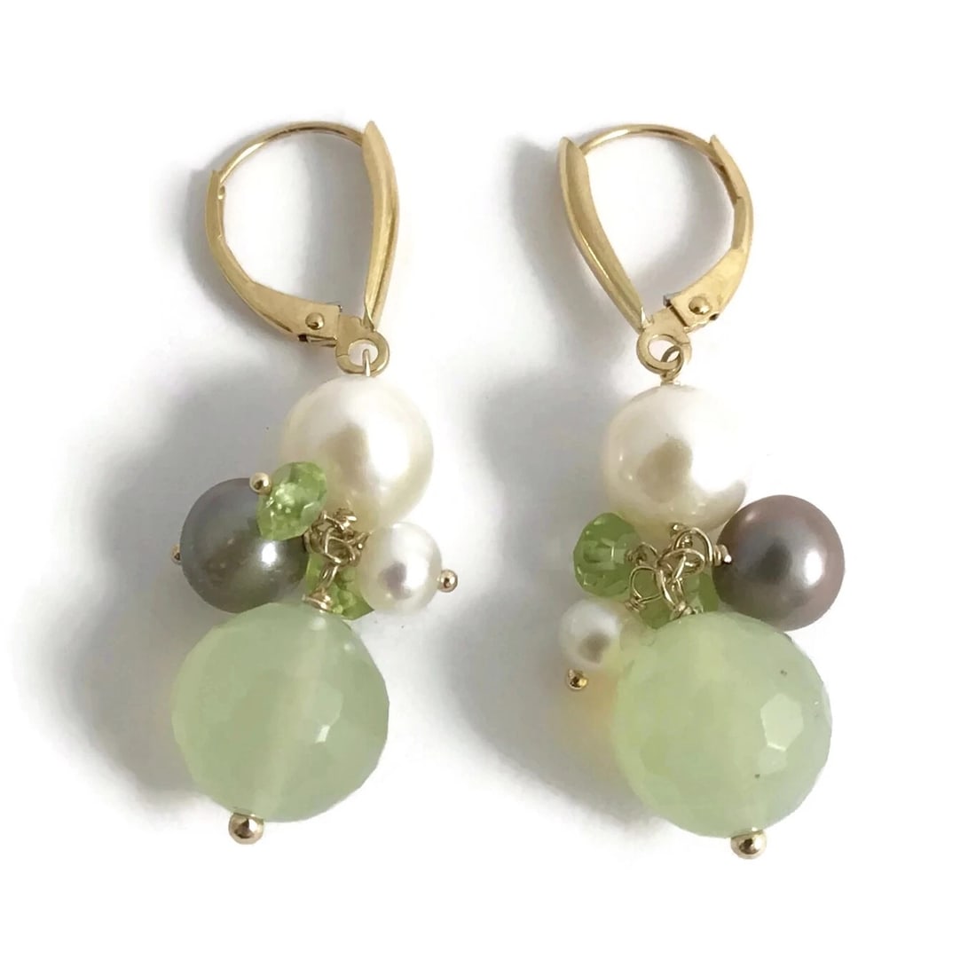 Grey White Pearl Peridot Quartz Dangle Drop Earrings 14K Yellow Gold, 6.42 Grams (1 of 10)