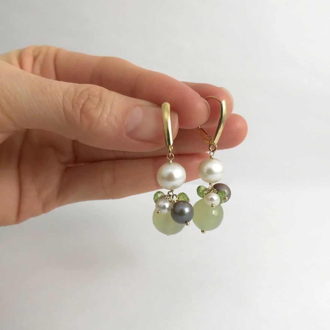 Grey White Pearl Peridot Quartz Dangle Drop Earrings 14K Yellow Gold, 6.42 Grams - 5