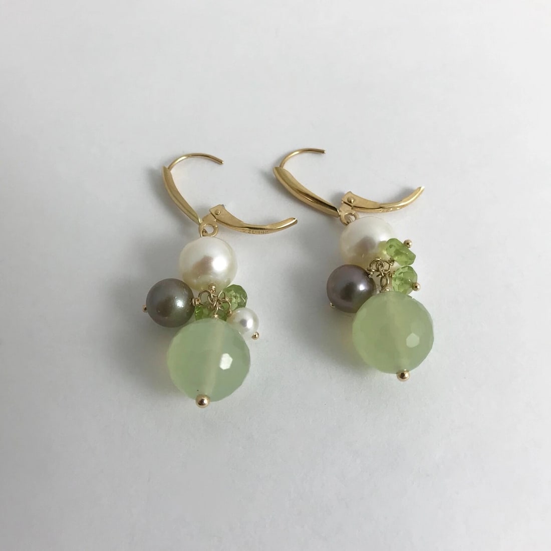 Grey White Pearl Peridot Quartz Dangle Drop Earrings 14K Yellow Gold, 6.42 Grams - 9