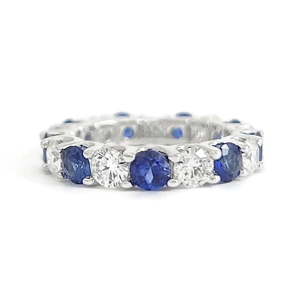 Round Blue Sapphire Diamond Eternity Band Ring 14K White Gold, 3.29 CTW, Size 5 (1 of 6)