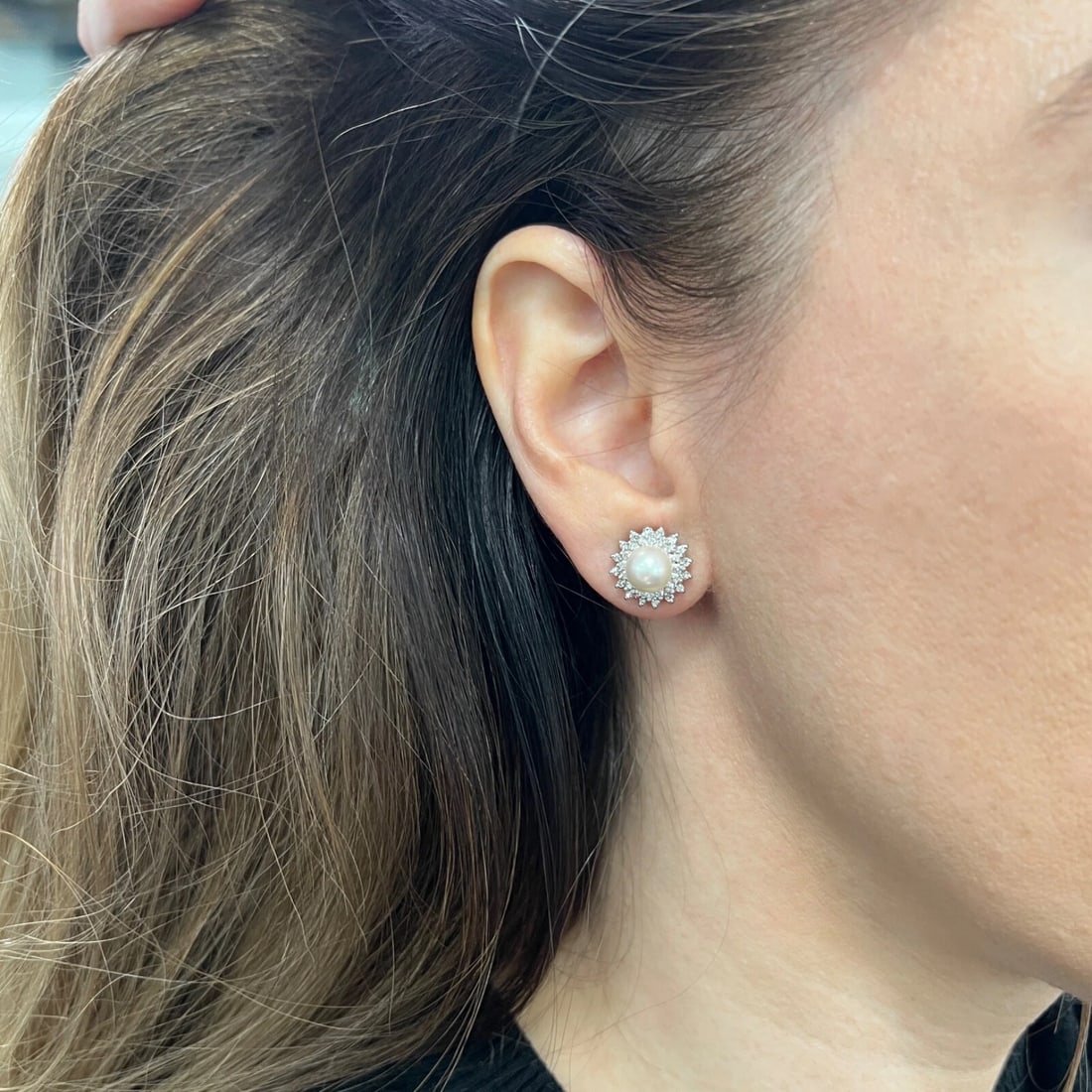 Pearl Diamond Halo Stud Earrings 14K White Gold, .50 CTW - 3