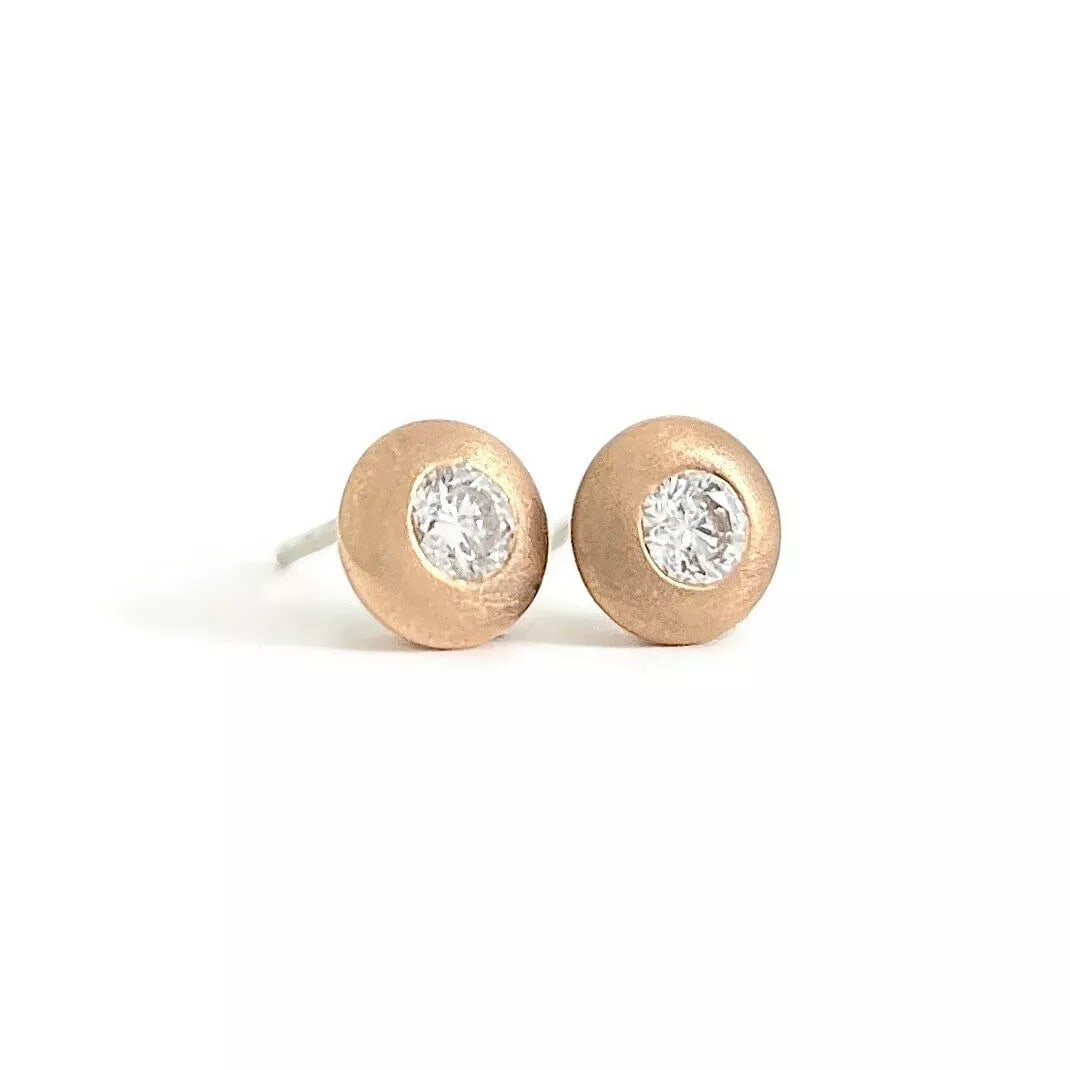 Round Thick Satin Bezel Diamond Stud Earrings 14K Pink Rose Gold .33 CTW (1 of 4)