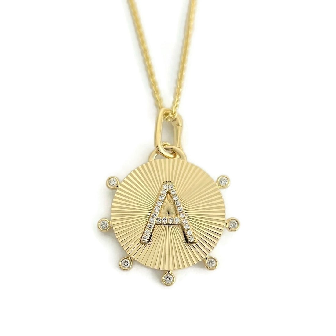 Letter A Initial Diamond Fluted Disc Pendant Necklace 14K Yellow Gold .15 CTW (1 of 5)