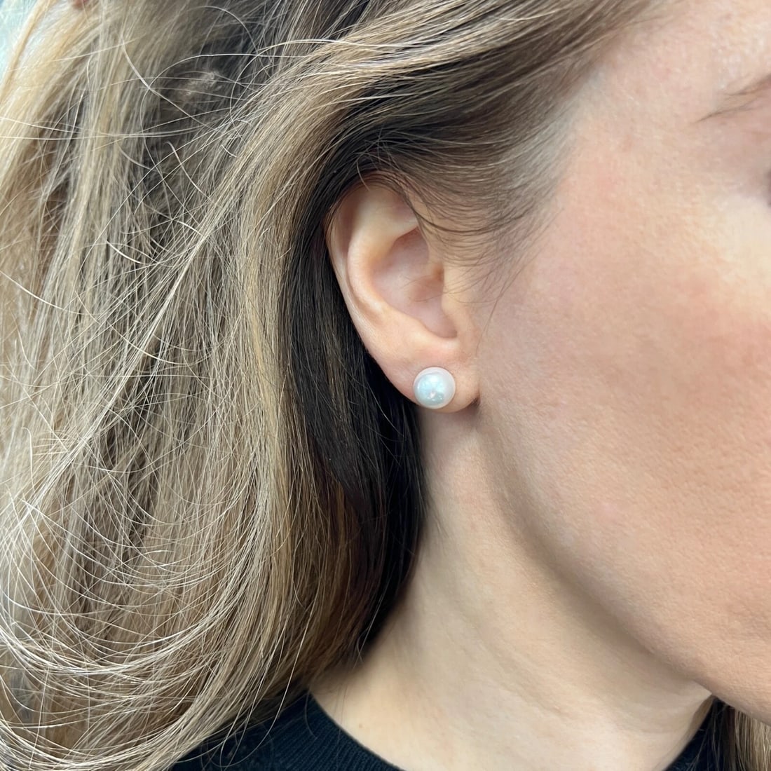 Round Cultured Pearl Stud Earrings 14K White Gold, 9 mm - 9.5 mm - 4