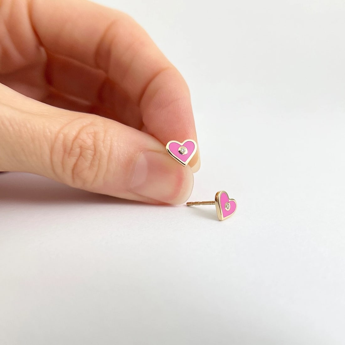 Pink Enamel Heart Diamond Stud Earrings 14K Yellow Gold .02 CTW - 2