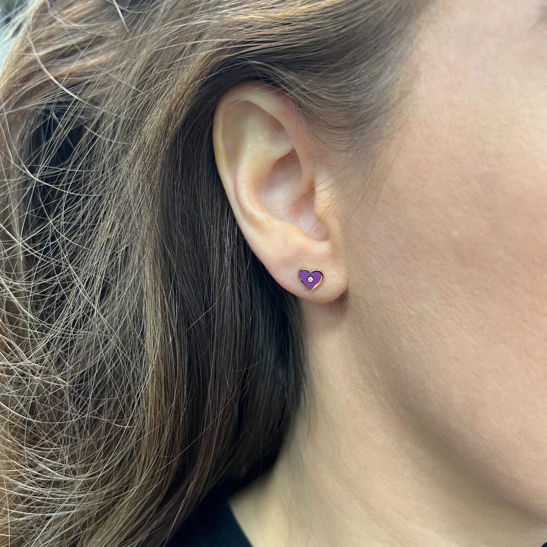 Purple Enamel Heart Diamond Stud Earrings 14K Yellow Gold .02 CTW - 4