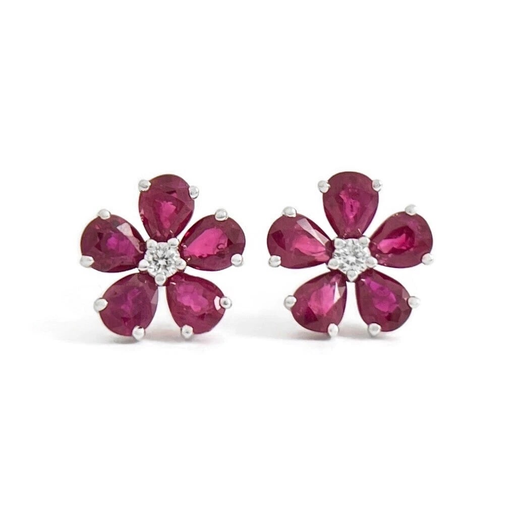Ruby Diamond Cluster Pear Flower Stud Earrings 18K White Gold, 2.41 CTW (1 of 6)