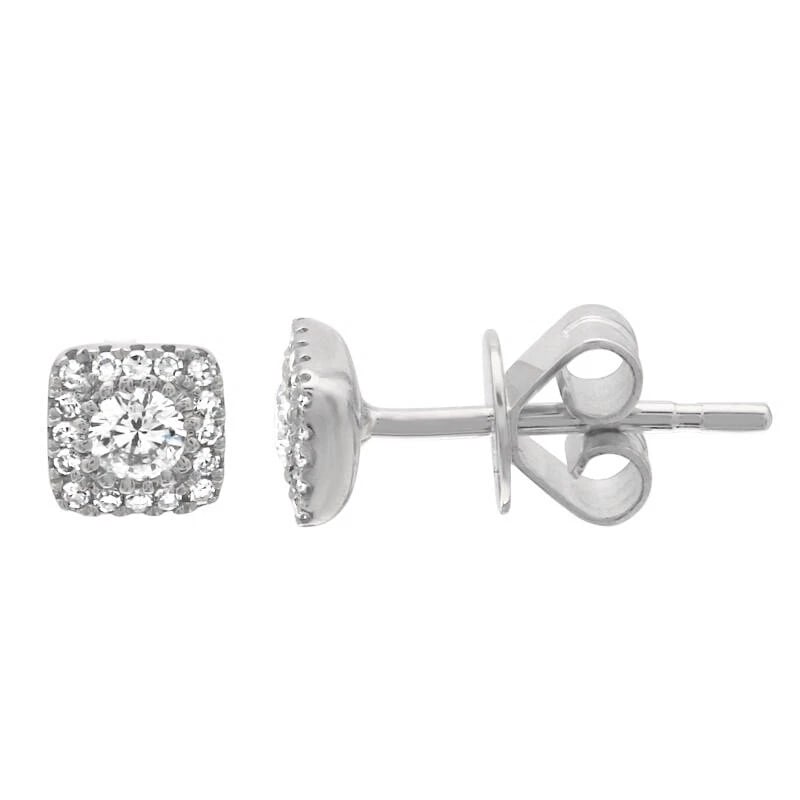 Square Cushion Halo Diamond Cluster Stud Earrings 14K White Gold .30 CTW (1 of 4)
