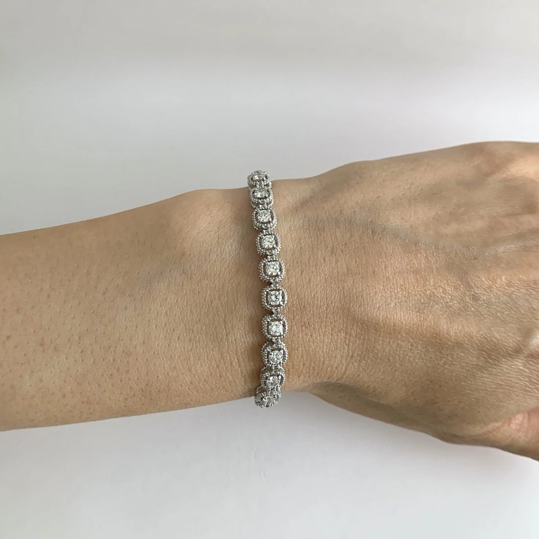 Milgrain Halo Round Diamond Tennis Bracelet 14K White Gold, 3.06 CTW, 11.52 Gr - 3