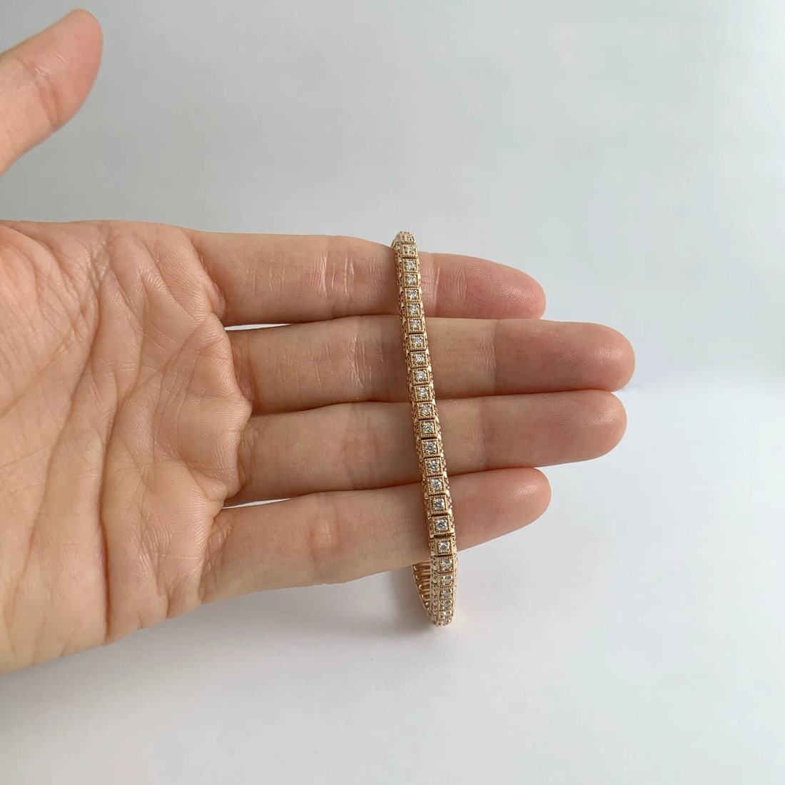 Milgrain Filigree Diamond Tennis Bracelet 14K Pink Rose Gold, 1.02 CTW, 16.35 Gr - 2