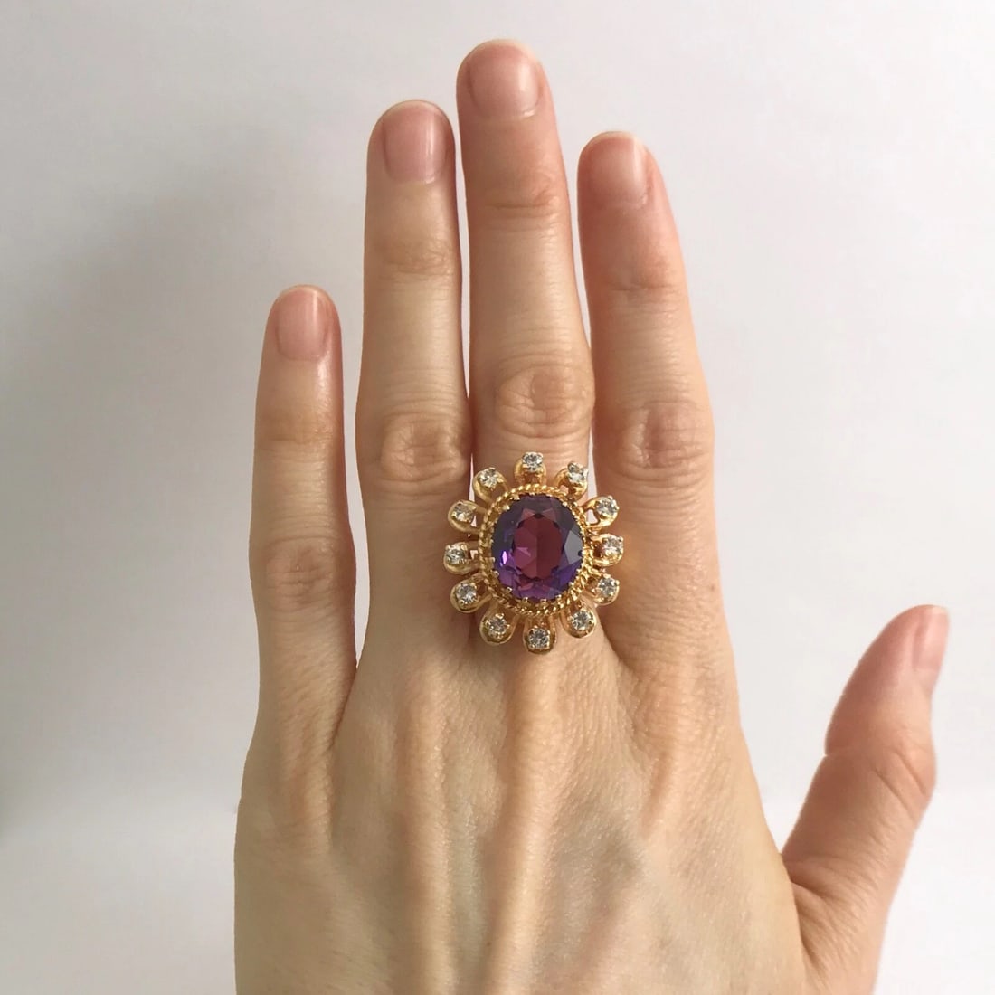 Large Oval Purple Amethyst CZ Cocktail Statement Ring 18K Yellow Gold 6.48 CTW - 2