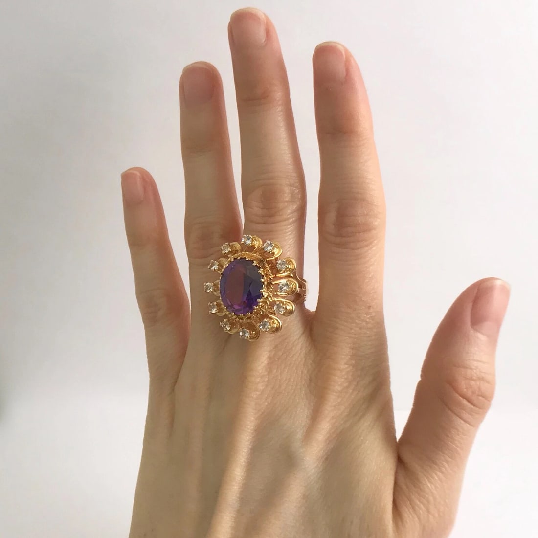 Large Oval Purple Amethyst CZ Cocktail Statement Ring 18K Yellow Gold 6.48 CTW - 3