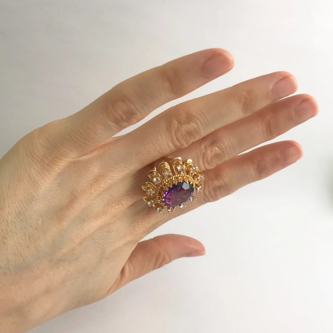 Large Oval Purple Amethyst CZ Cocktail Statement Ring 18K Yellow Gold 6.48 CTW - 4