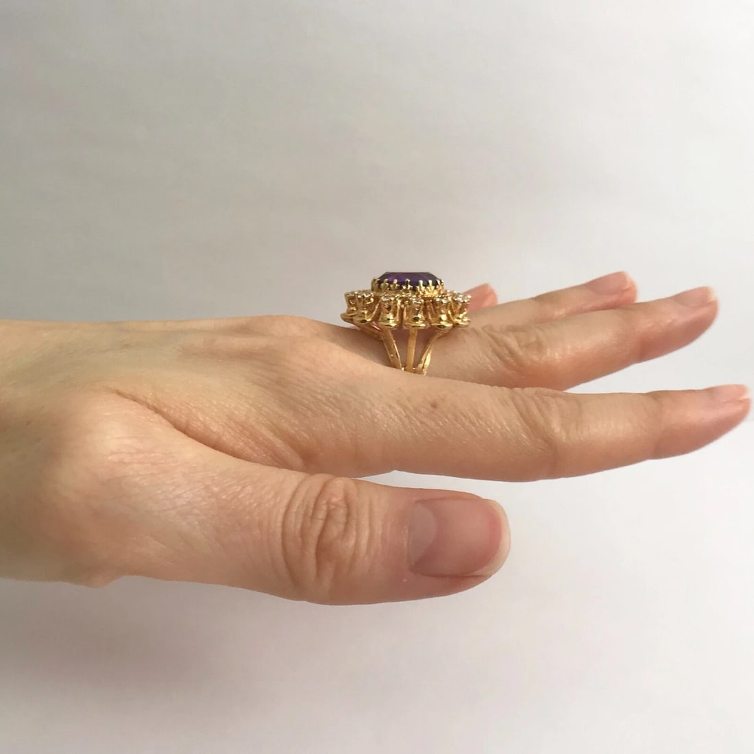 Large Oval Purple Amethyst CZ Cocktail Statement Ring 18K Yellow Gold 6.48 CTW - 5