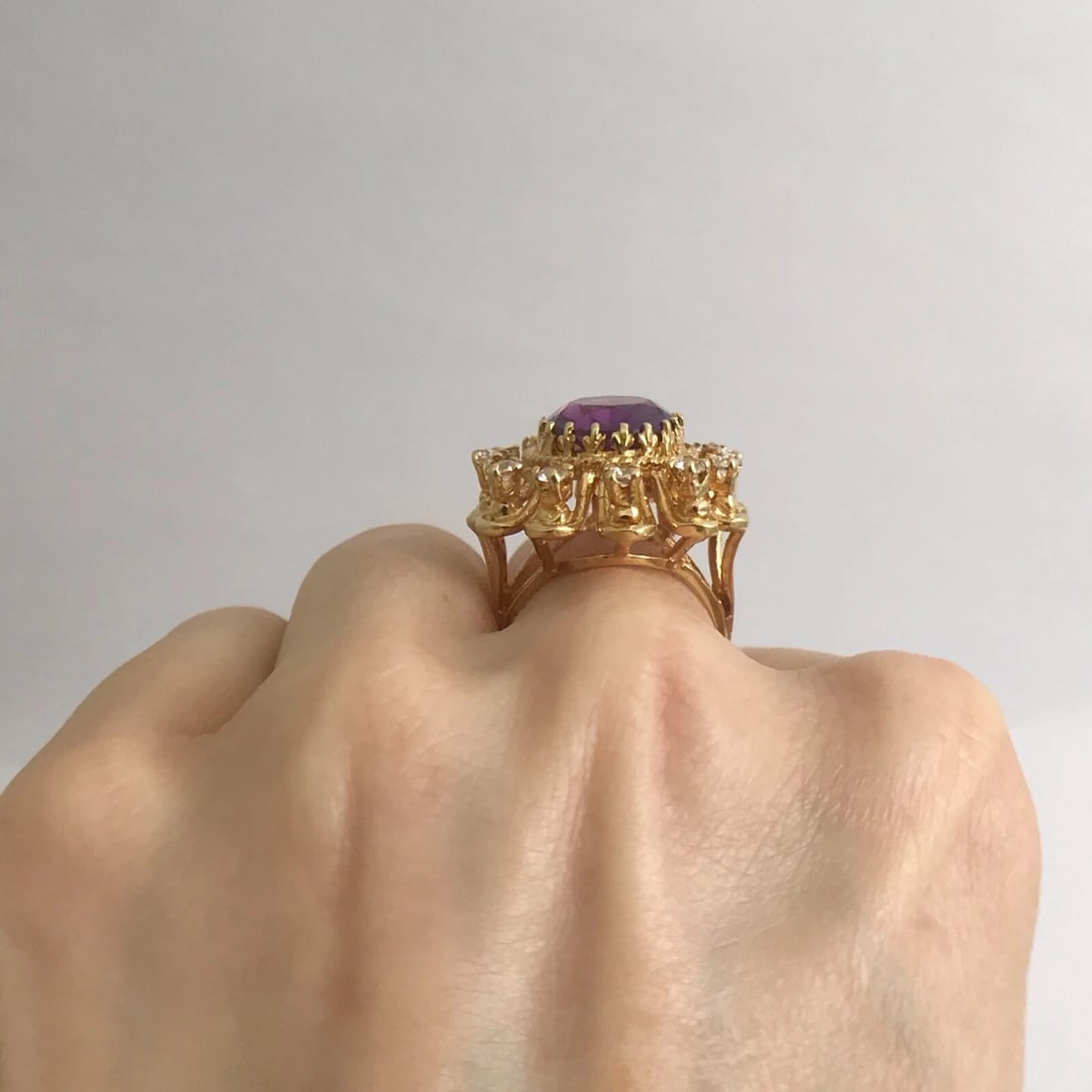 Large Oval Purple Amethyst CZ Cocktail Statement Ring 18K Yellow Gold 6.48 CTW - 6