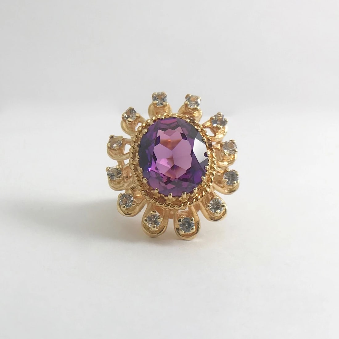 Large Oval Purple Amethyst CZ Cocktail Statement Ring 18K Yellow Gold 6.48 CTW - 7