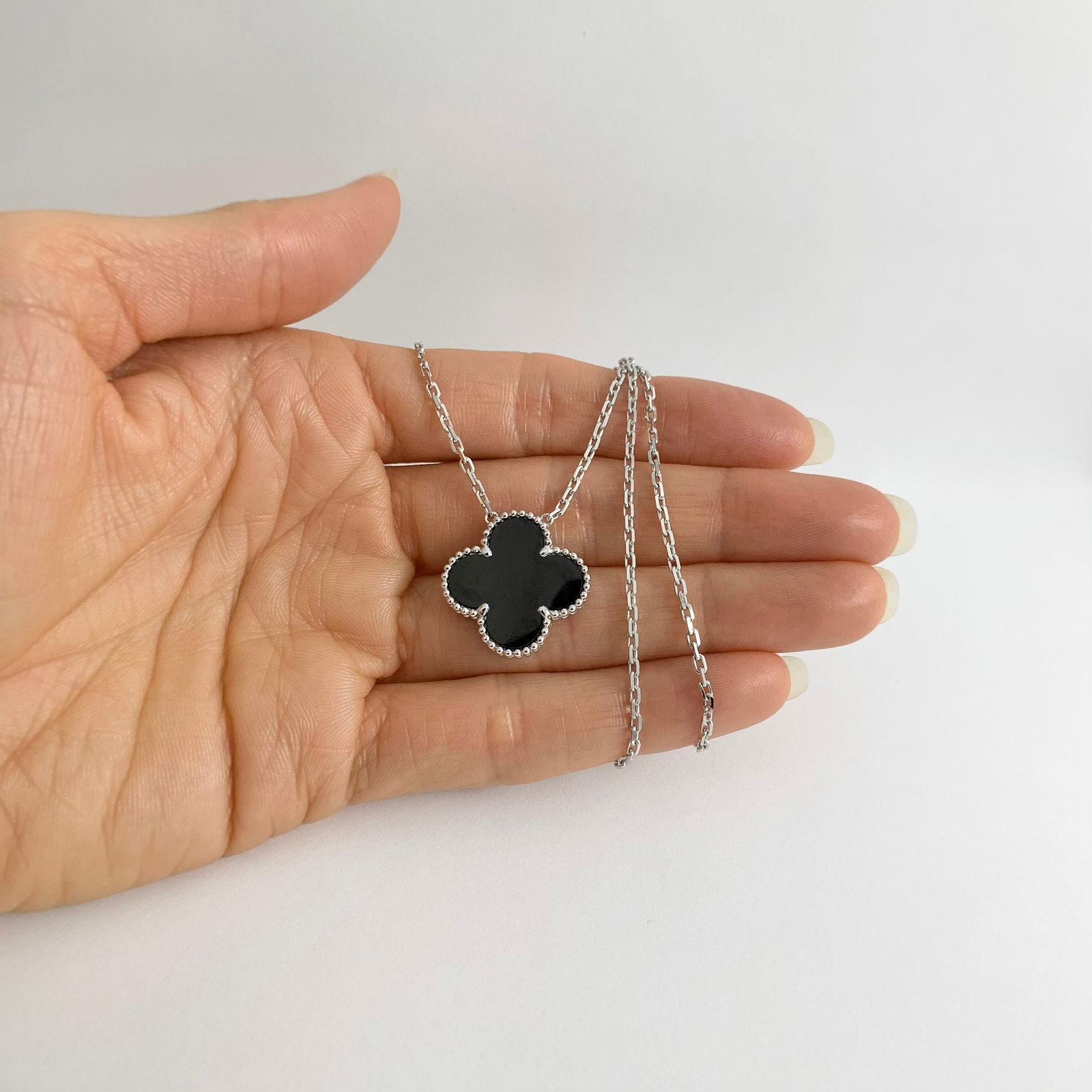 Black Onyx Clover Pendant Necklace 18K White Gold, 7.66 Grams - 2