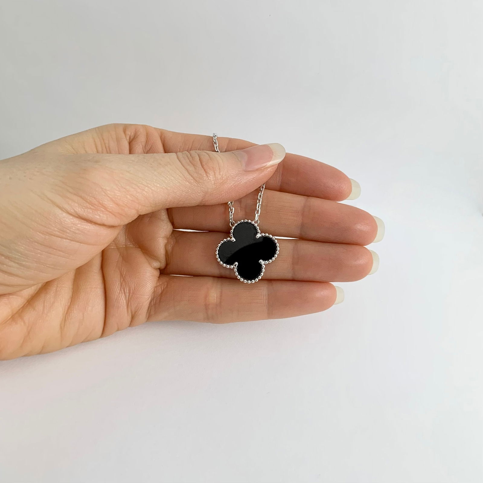 Black Onyx Clover Pendant Necklace 18K White Gold, 7.66 Grams - 3