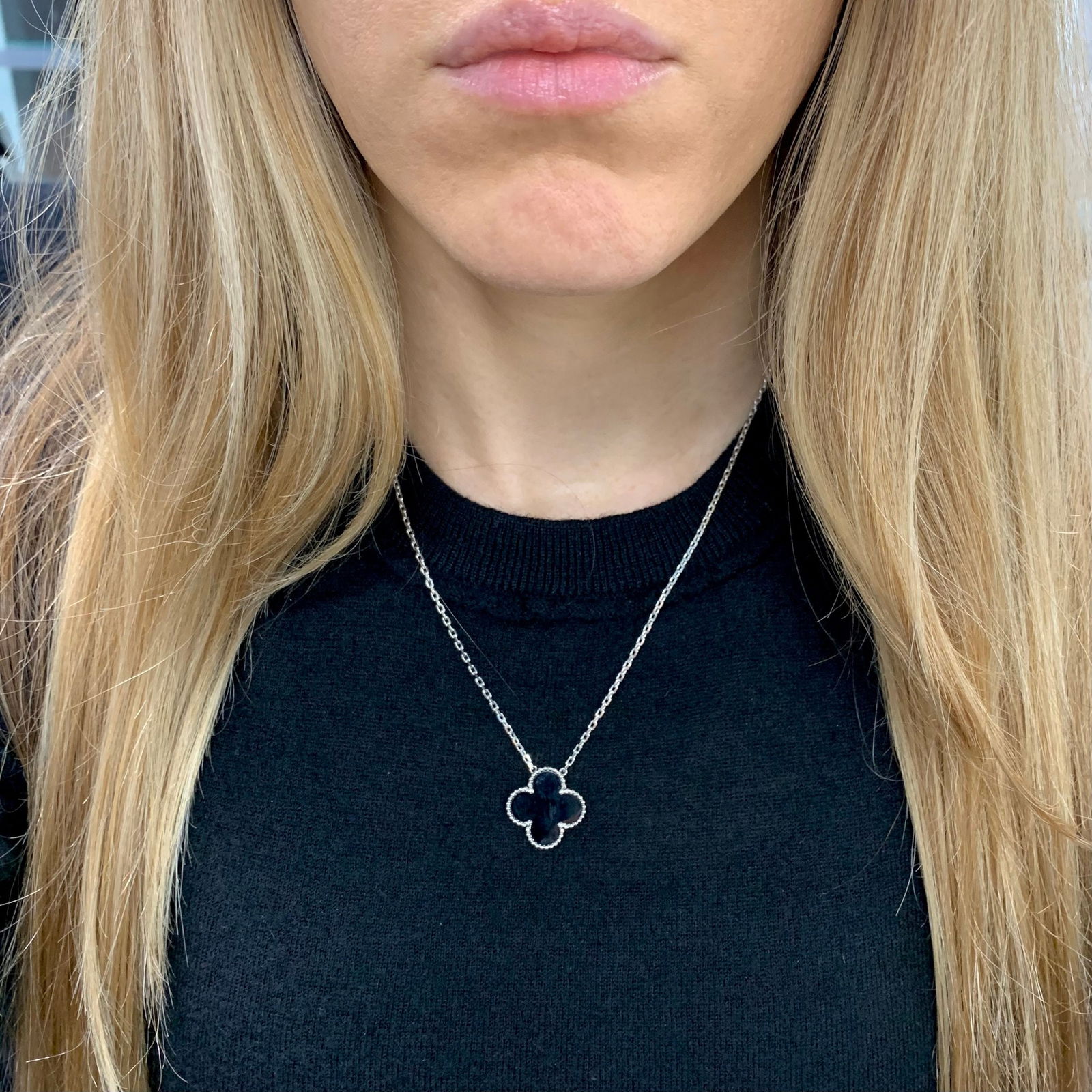 Black Onyx Clover Pendant Necklace 18K White Gold, 7.66 Grams - 4