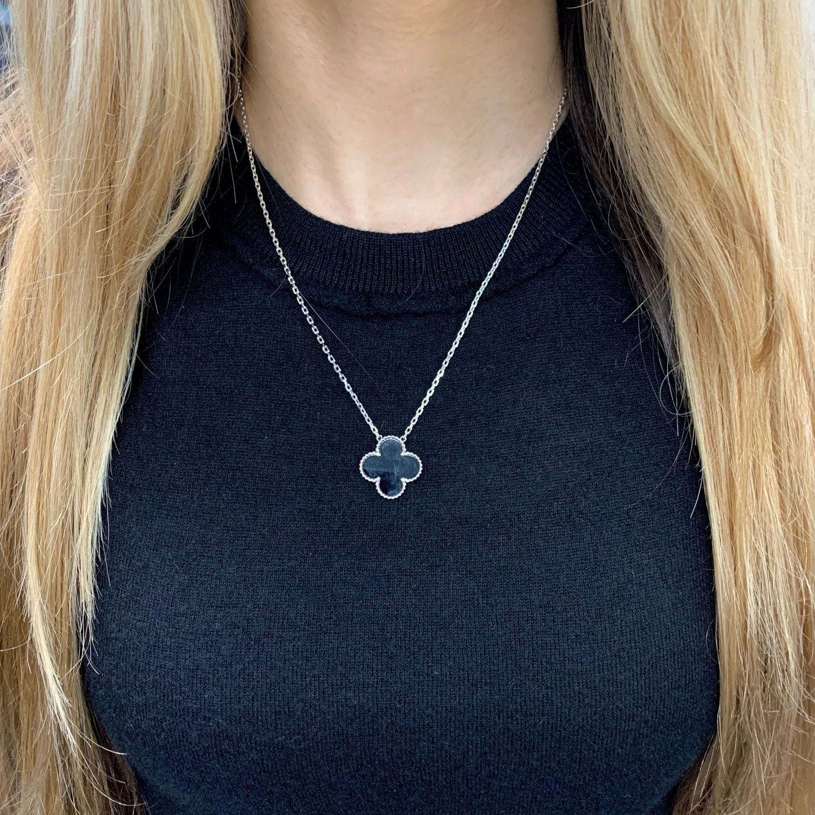 Black Onyx Clover Pendant Necklace 18K White Gold, 7.66 Grams - 5