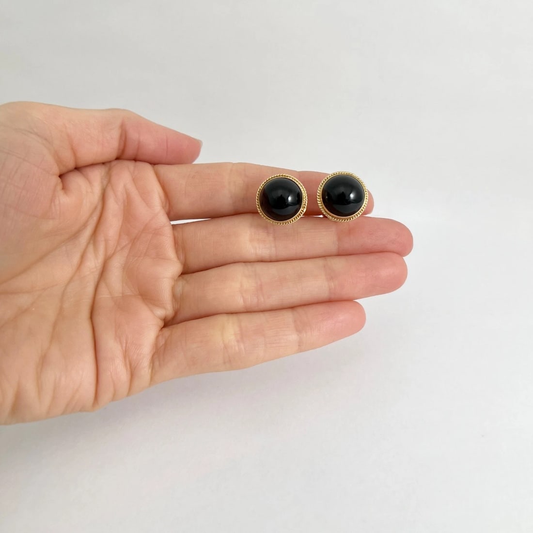 Vintage 1950's Round Black Onyx Drop Stud Earrings 14K Yellow Gold, 5.38 Grams - 2