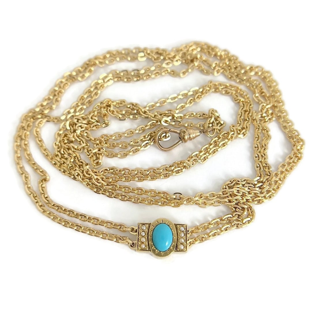 Vintage Long Turquoise Seed Pearl Double Chain Necklace 14K Yellow Gold, 29.06 G (1 of 9)