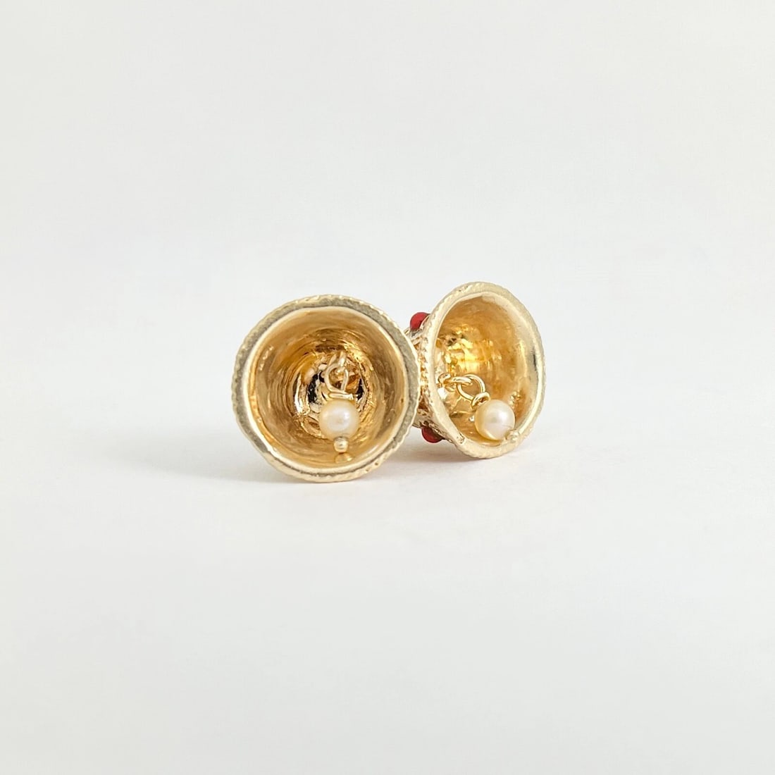 Vintage 1960's Pearl Coral Two Wedding Bells Charm 14K Yellow Gold, 10.86 Grams - 6