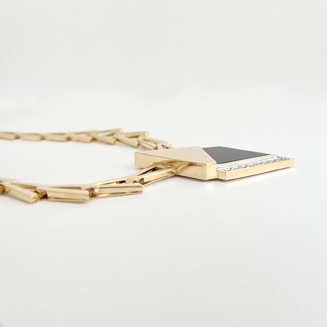 Vintage Black Onyx Diamond Geometric Pendant Necklace 14K Yellow Gold 28.50 Gr - 5