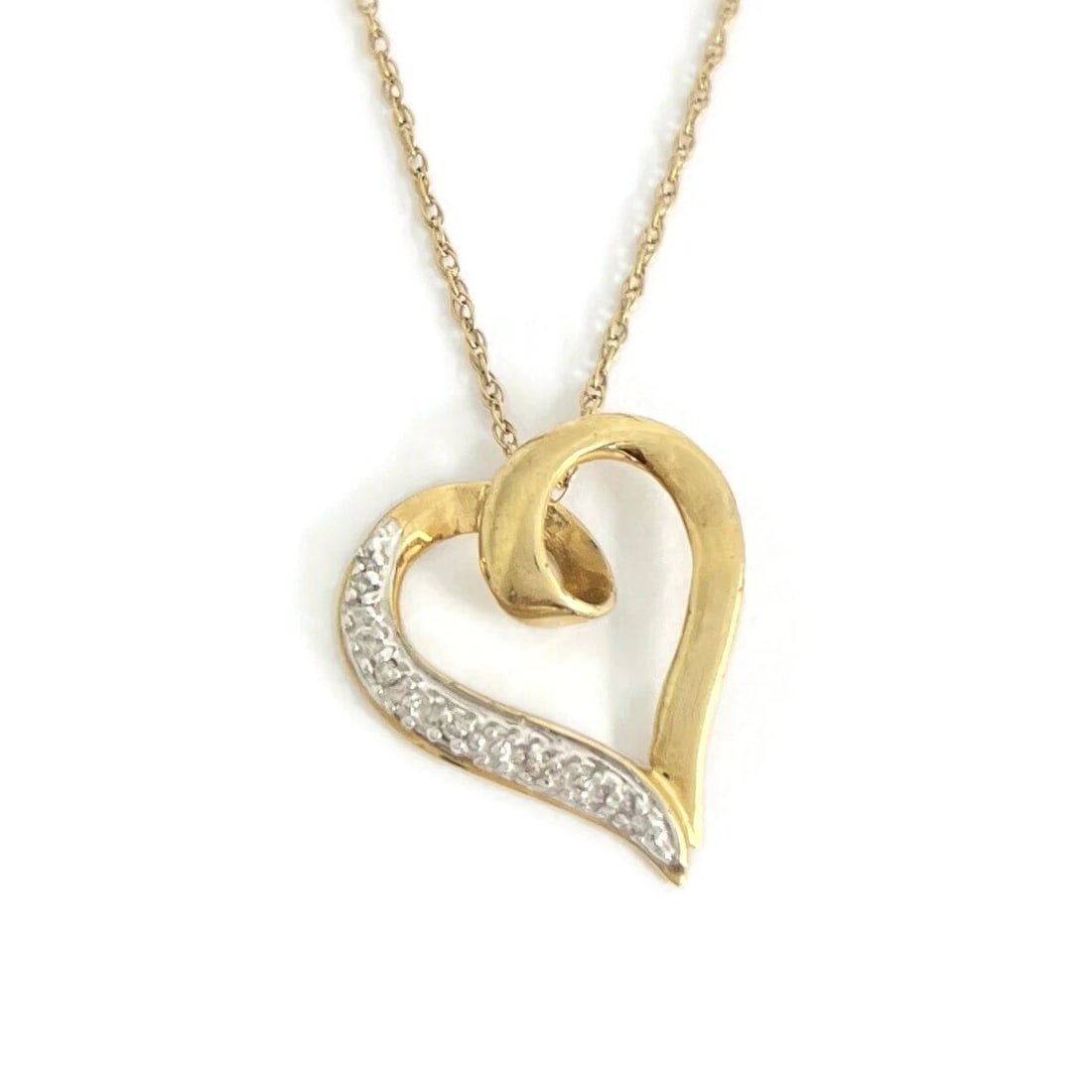Vintage Half Diamond Heart Pendant Necklace 10K and 14K Yellow Gold, 1.99 Grams (1 of 8)