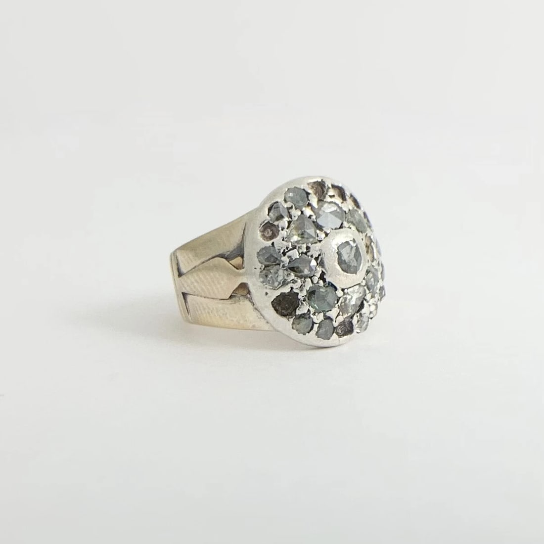 Antique Victorian Pave Green Diamond Round Ring 14K Yellow Gold Silver, 6.44 Gr - 7