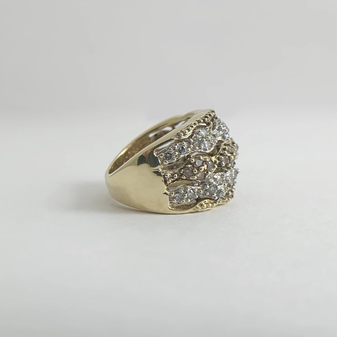 Vintage Brown Cognac White Diamond Wide Band Ring 14K Yellow Gold, 7.19 Grams - 8