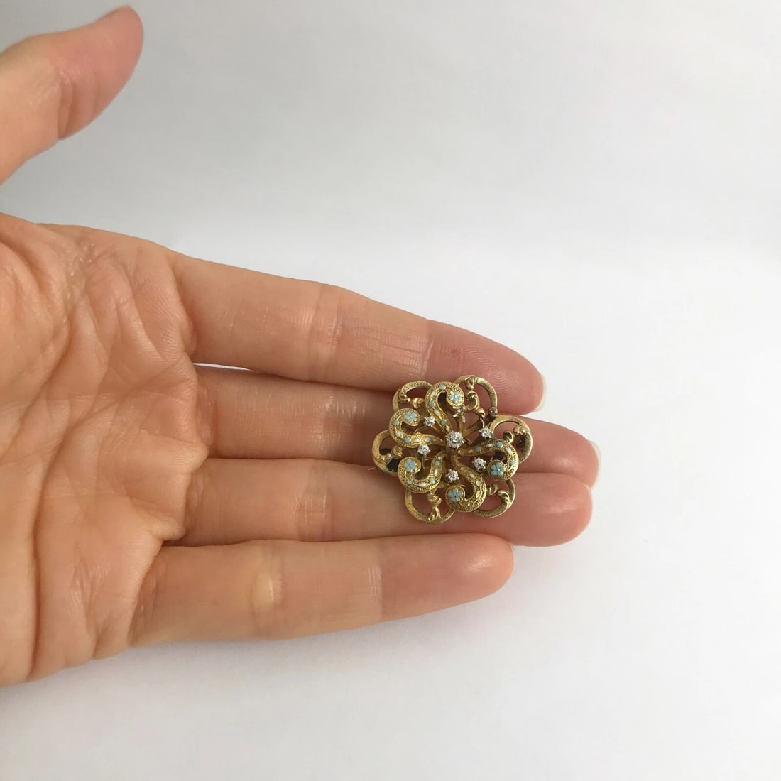 Antique Edwardian Diamond Turquoise Enamel Brooch Pin 20K Yellow Gold, 5.19 Gram - 3