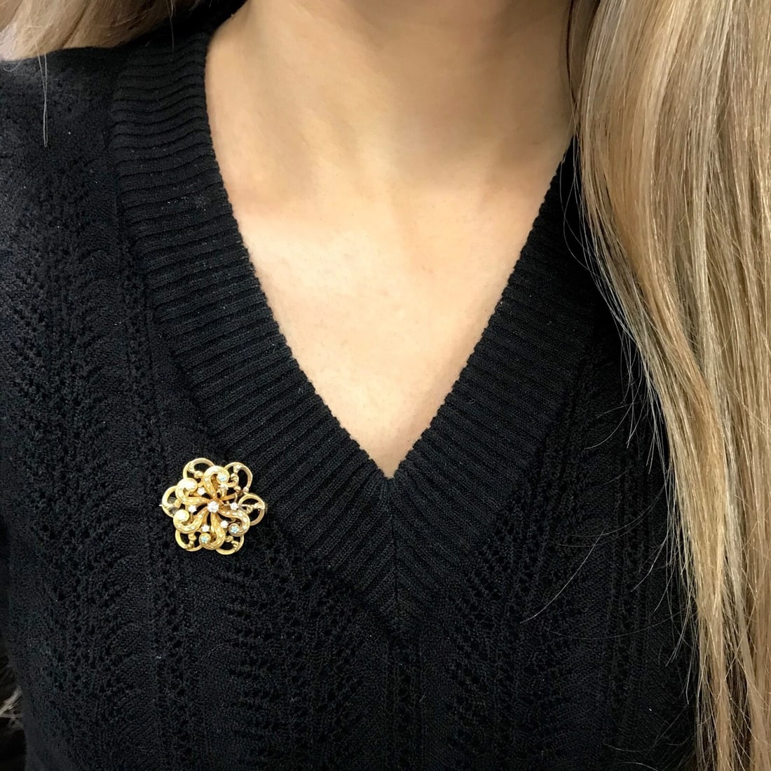 Antique Edwardian Diamond Turquoise Enamel Brooch Pin 20K Yellow Gold, 5.19 Gram - 5