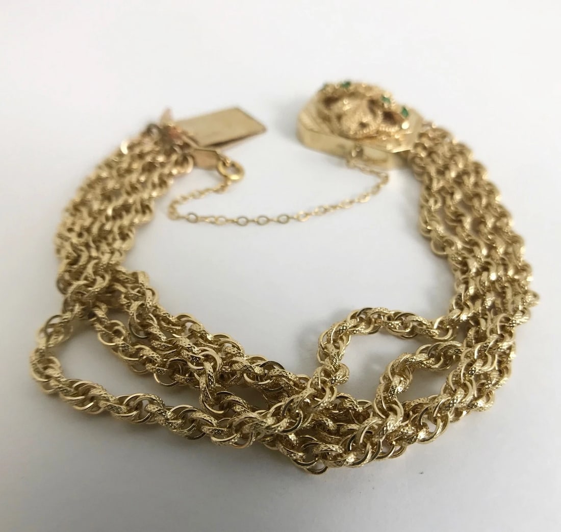 Vintage Green Jade Pendant Multi-Strand Chain Bracelet 14K Yellow Gold, 23.96 Gr - 10