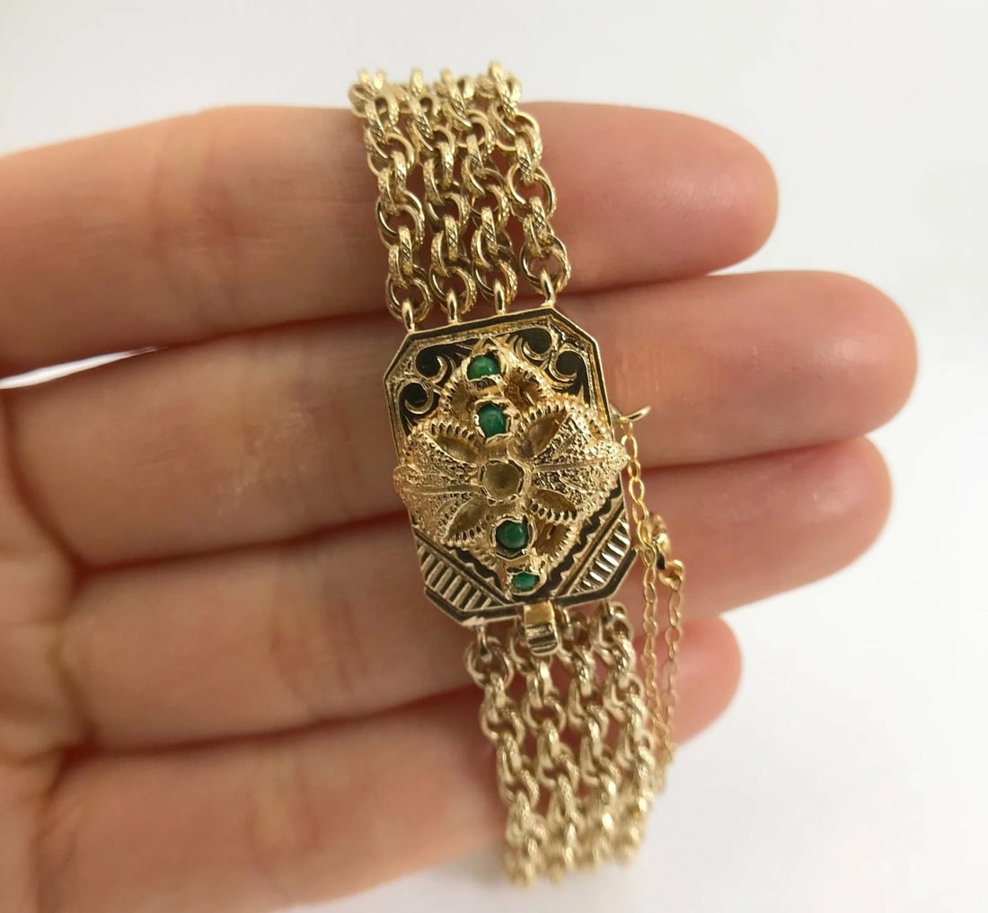 Vintage Green Jade Pendant Multi-Strand Chain Bracelet 14K Yellow Gold, 23.96 Gr - 2