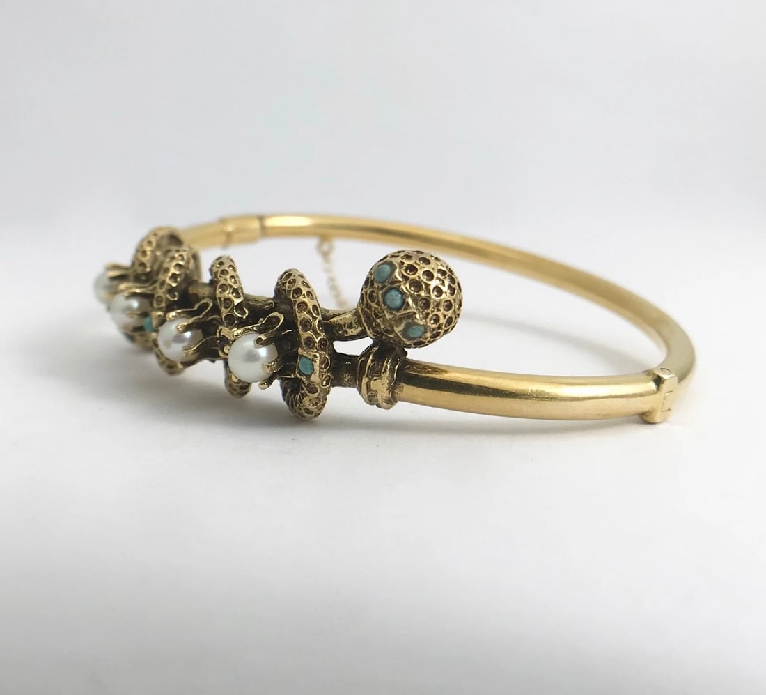 Victorian Revival Pearl Turquoise Bangle Bracelet 14K Yellow Gold, 20.39 Gr - 11