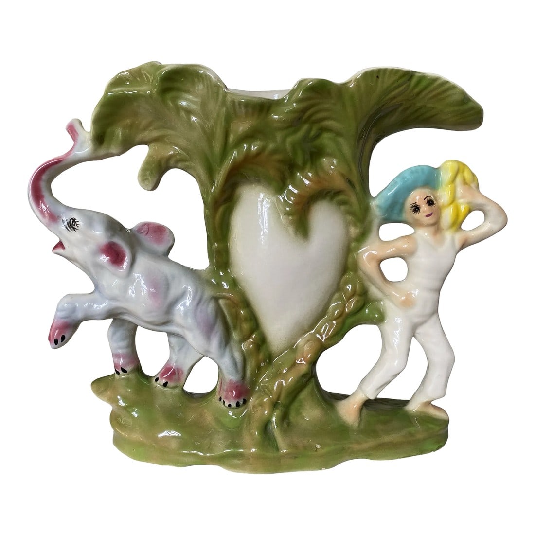 1930s Polychrome Italian Vase With Palm Trees, Woman With Bananas and Elephant With Upturned Trunk: Large; 12" x 12" x 4" mantel style vase. Handpainted in Sesto Fior, Italy circa 1930s. Vivid, tropical and lots of fun with a happy elephant and woman carrying bananas on either side of two palm trees