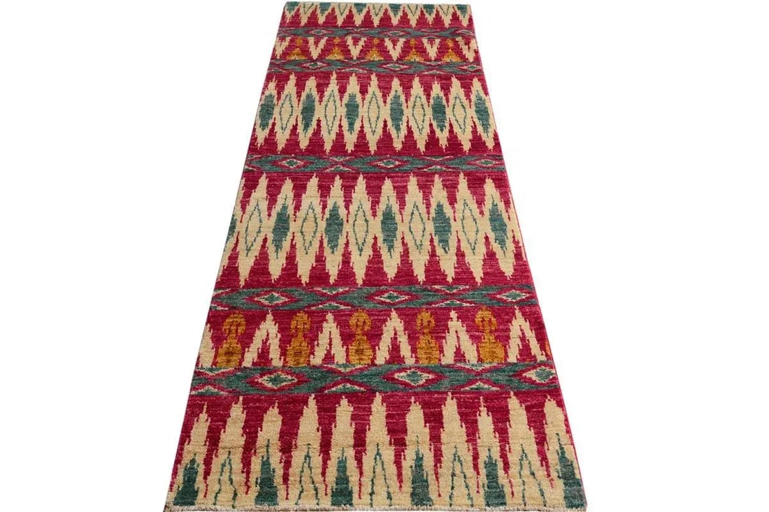 1990s Modern Kafkaz Pink Green Wool Runner - 2'7" X 7'5" - 2