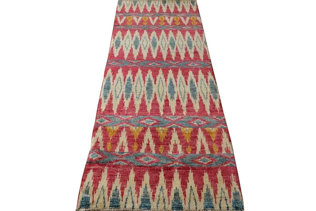 1990s Modern Kafkaz Pink Green Wool Runner - 2'7" X 7'5" - 7