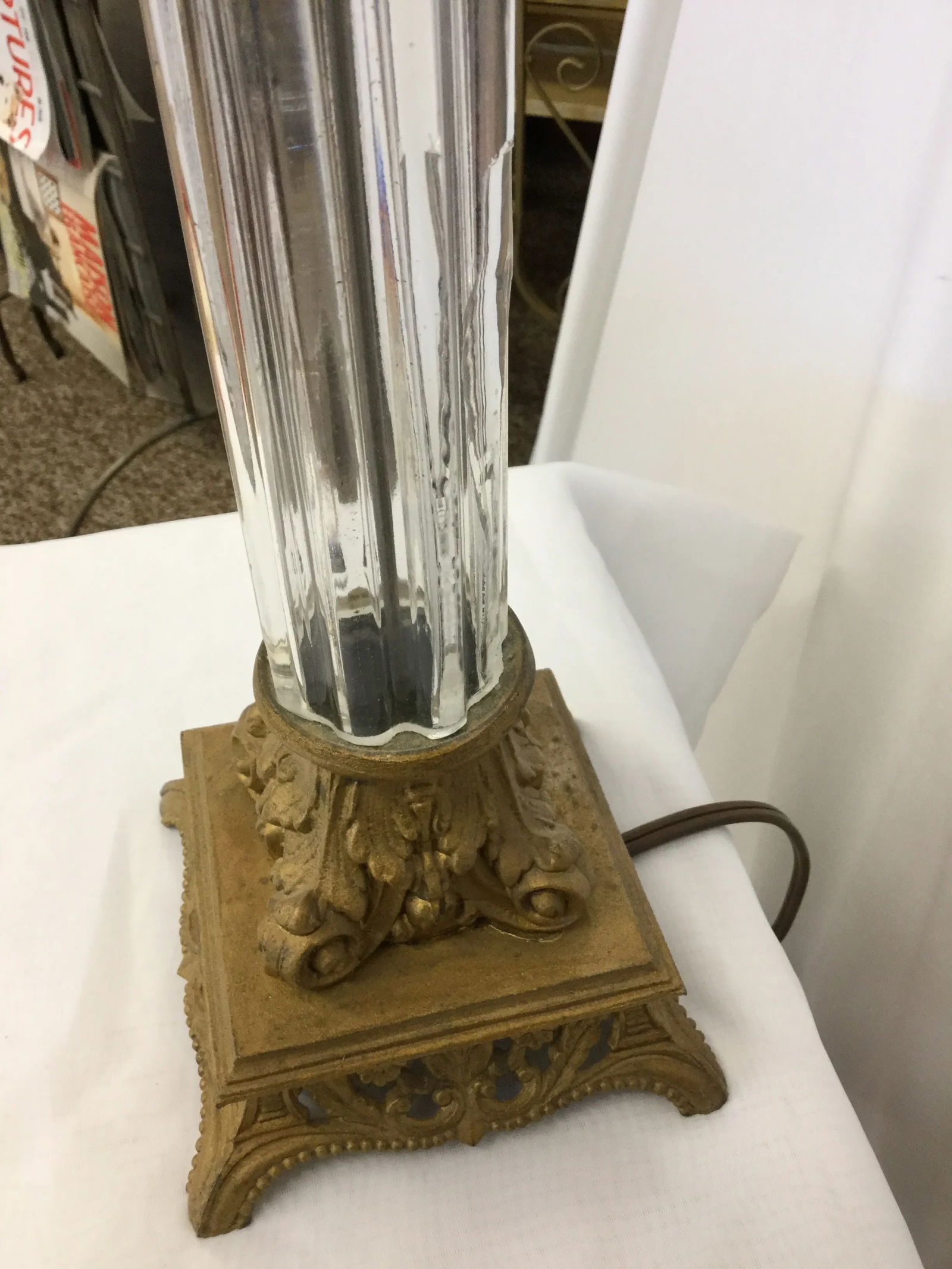 Antique Crystal Pillar Bronze Table Lamp - 7