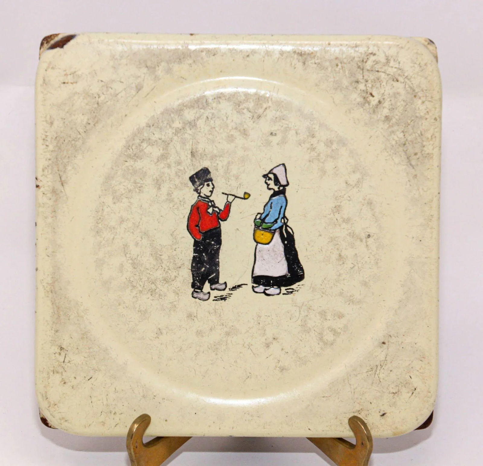 Antique Hand Painted Dutch Theme Enamelware Metal Trivet Collectible 1920's - 10