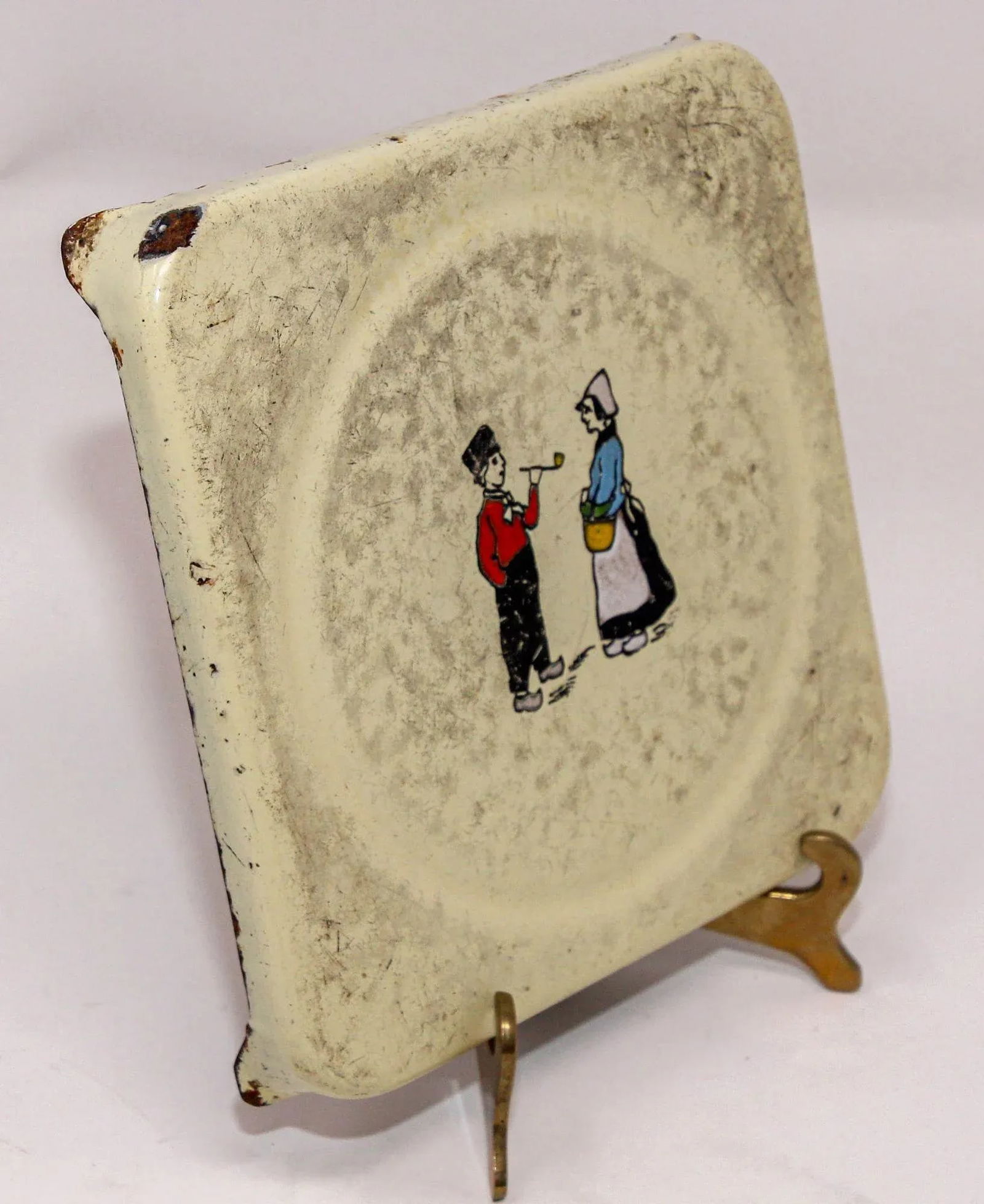 Antique Hand Painted Dutch Theme Enamelware Metal Trivet Collectible 1920's - 2