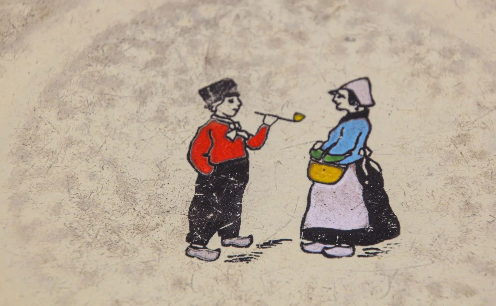 Antique Hand Painted Dutch Theme Enamelware Metal Trivet Collectible 1920's - 3