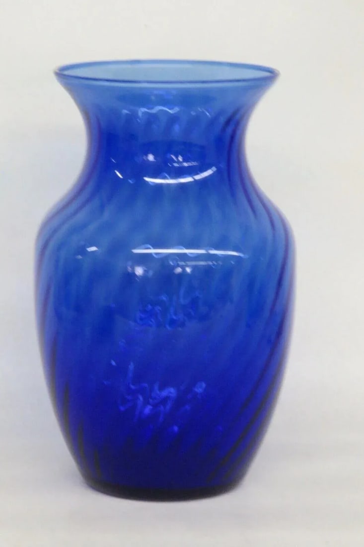 Indiana Glass Style Cobalt Blue Optic Swirl Hand Blown Vase - 12
